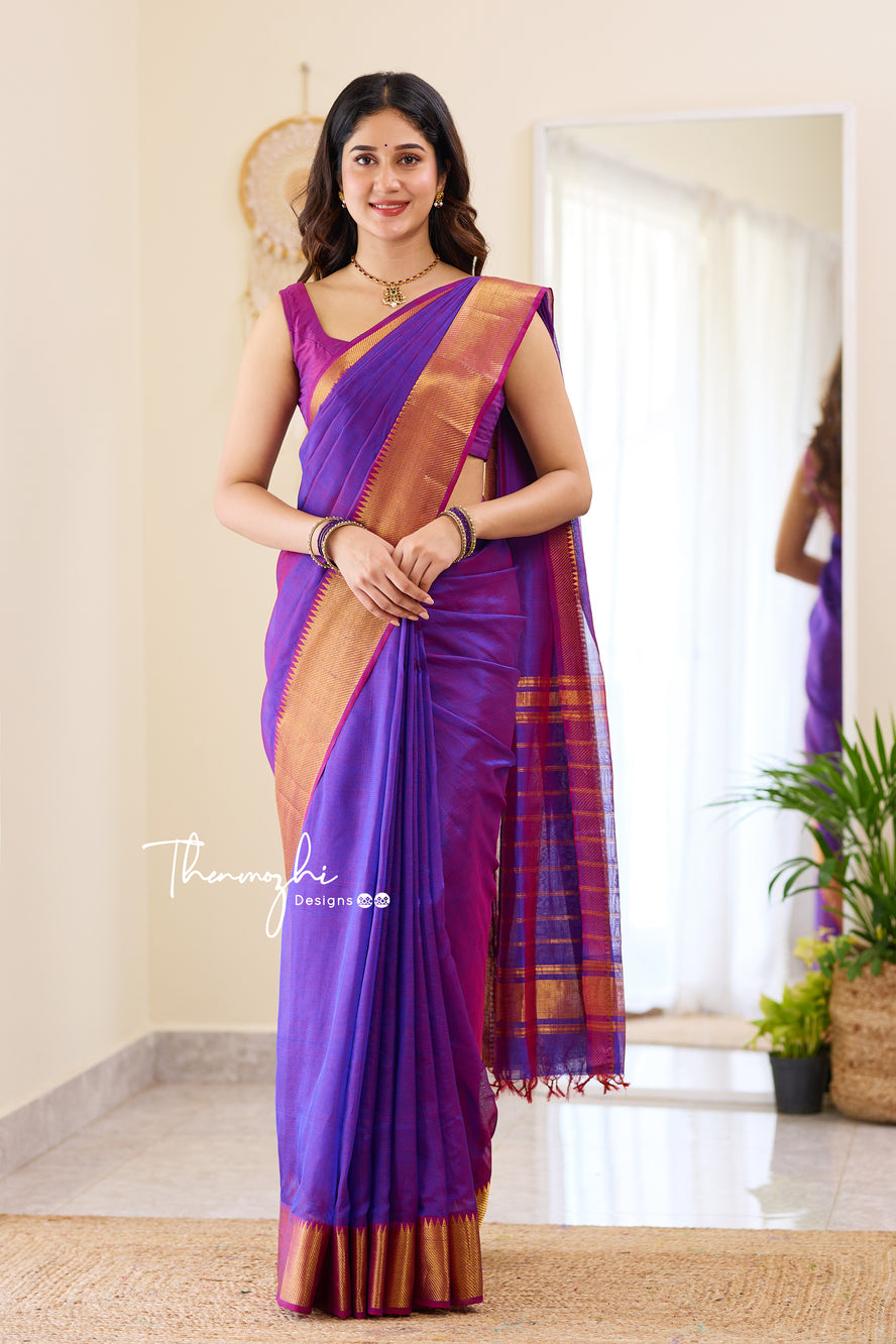 Blue - Pure Handwoven Mangalagiri Silk Cotton Pattu Saree with Zari Border 10