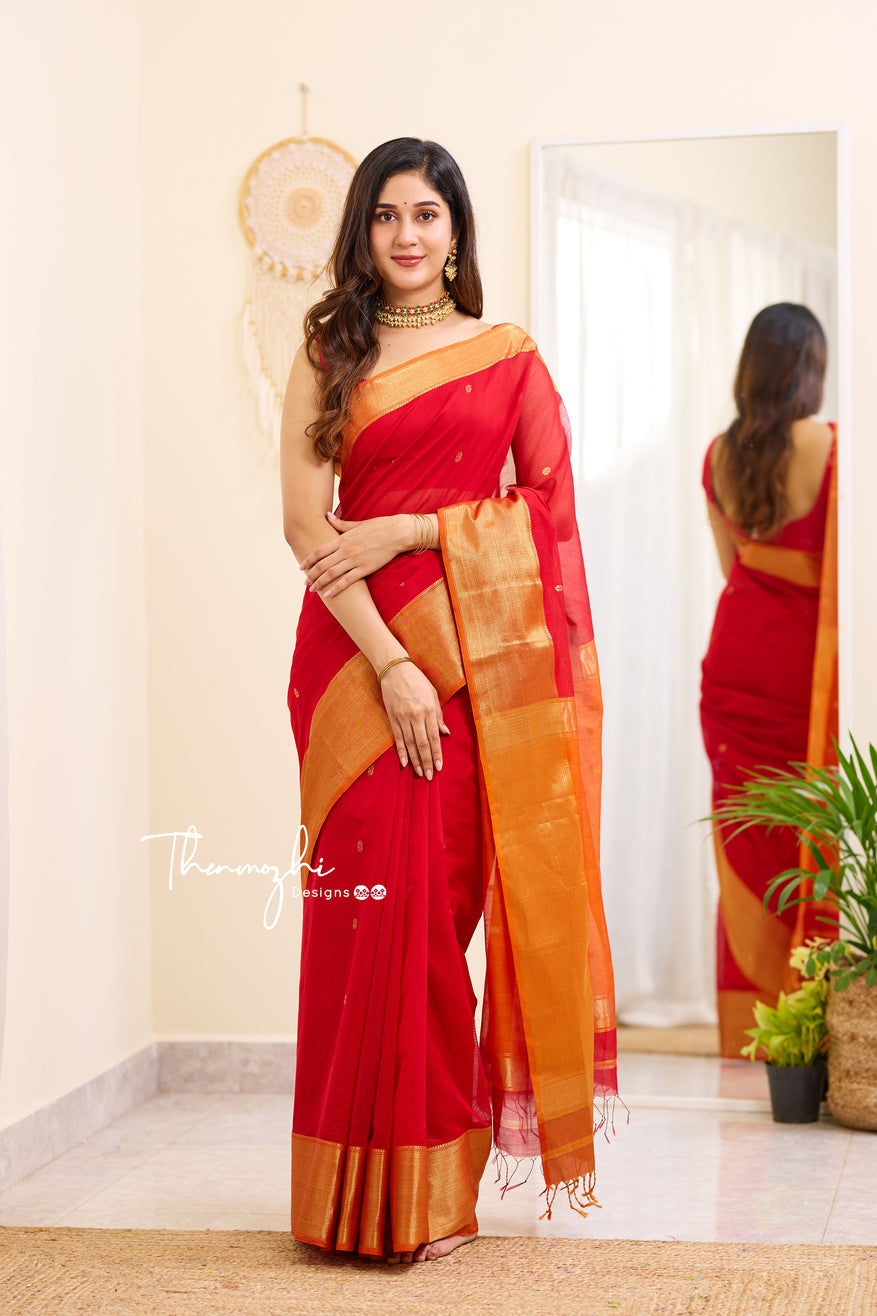 Red and Orange Maheshwari Silk Handloom Cotton Saree