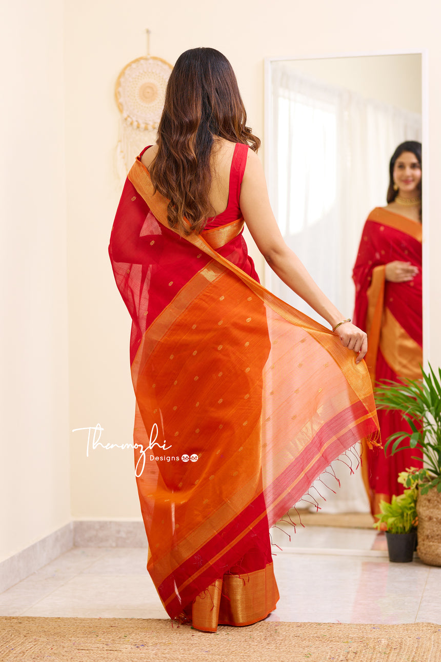 Red and Orange Maheshwari Silk Handloom Cotton Saree