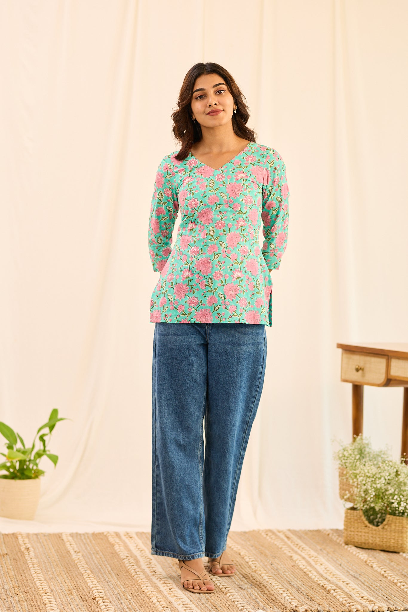 Pastel Turquoise with Pink Floral Printed Cotton Short Kurti