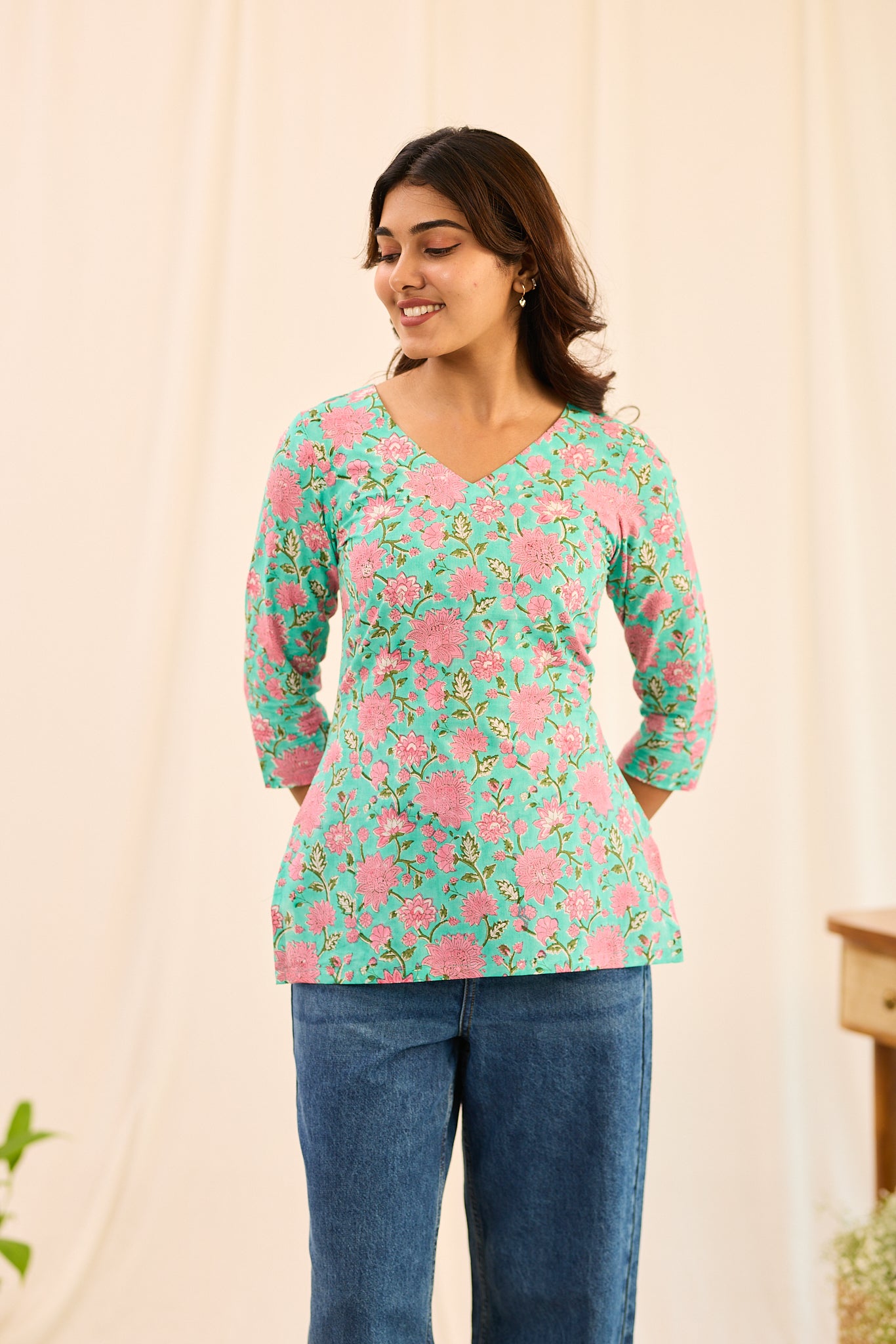 Pastel Turquoise with Pink Floral Printed Cotton Short Kurti