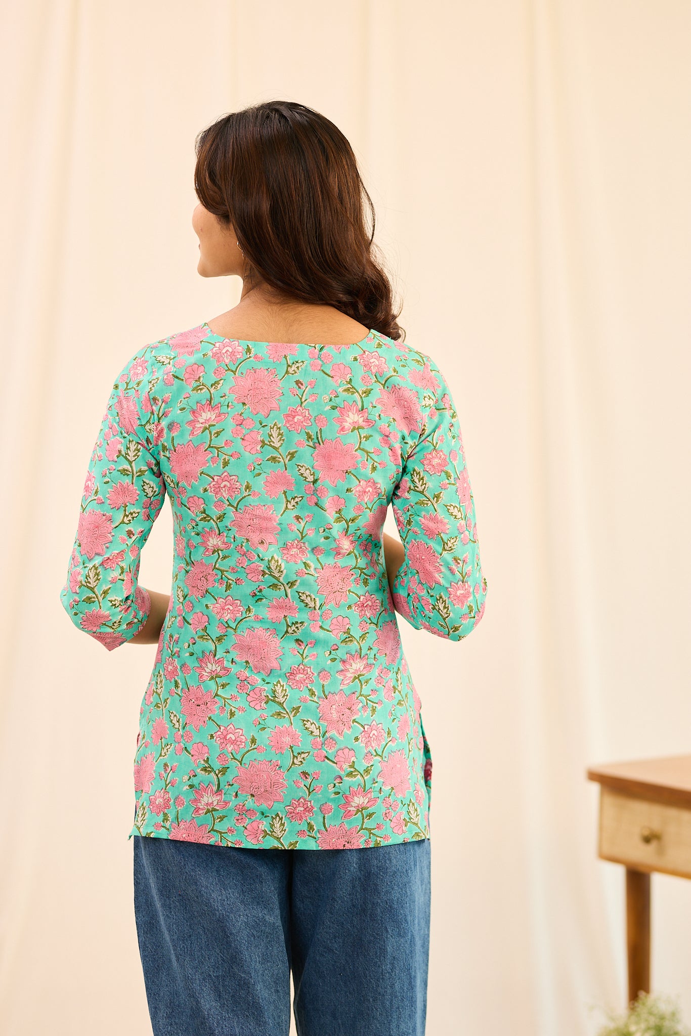 Pastel Turquoise with Pink Floral Printed Cotton Short Kurti