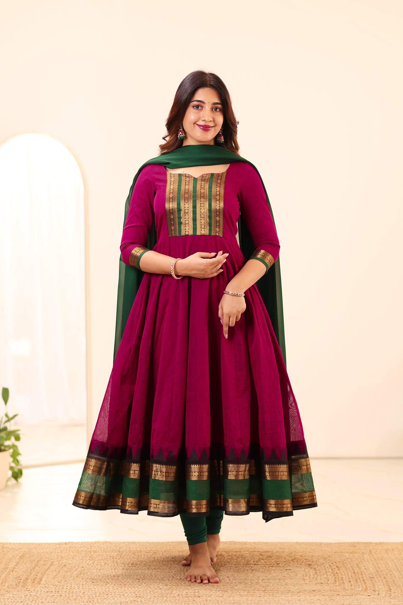Magenta and Green Chettinad Cotton Anarkali Top and Dupatta