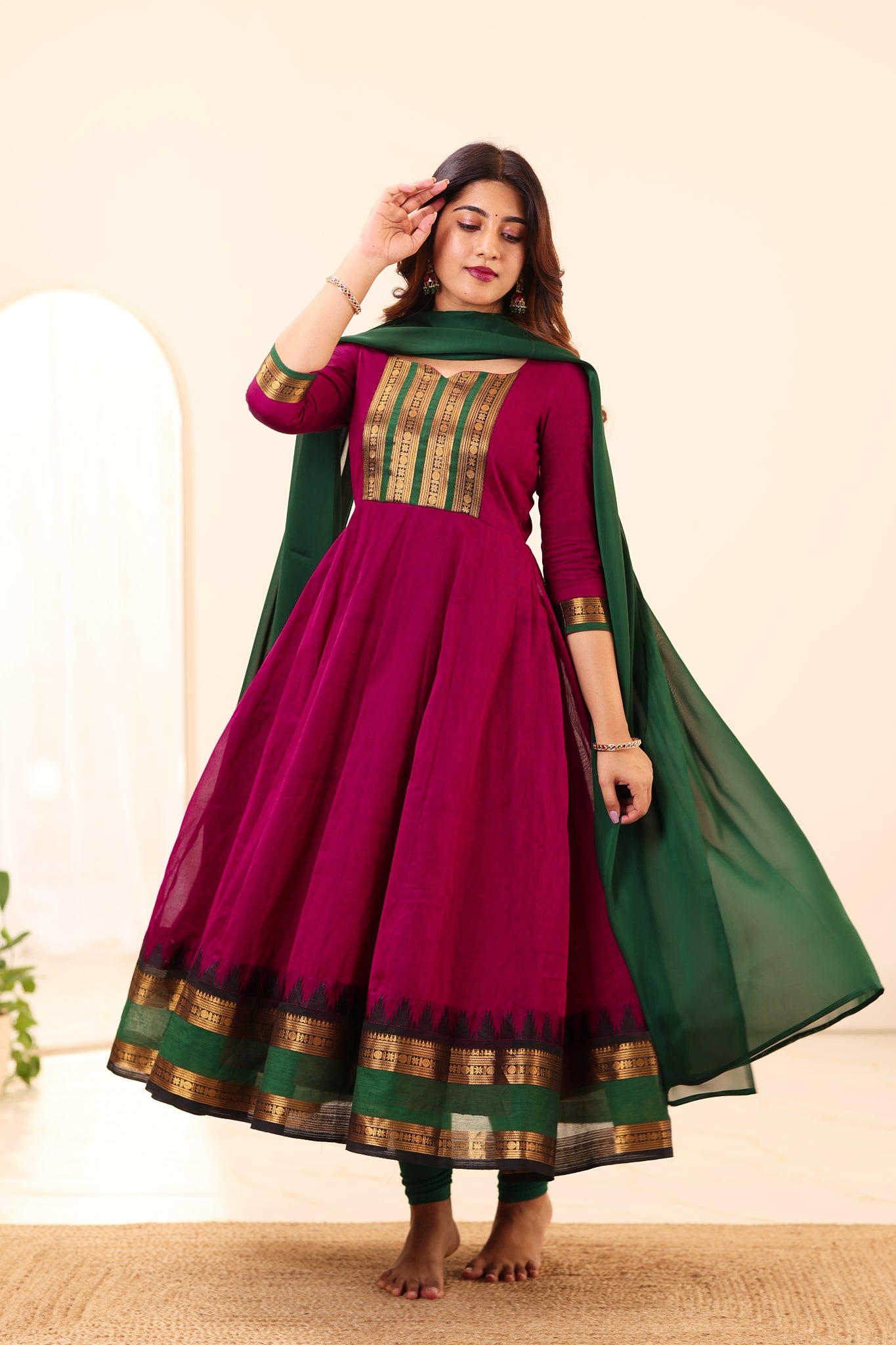 Magenta and Green Chettinad Cotton Anarkali Top and Dupatta