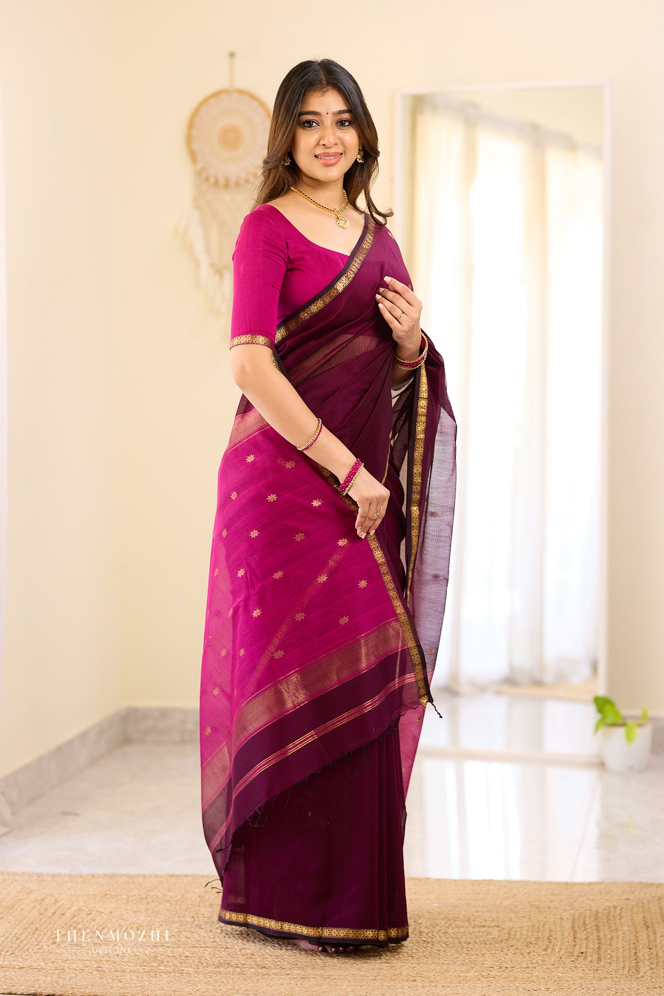 Deep Wine and Magenta Maheshwari Silk Cotton Saree