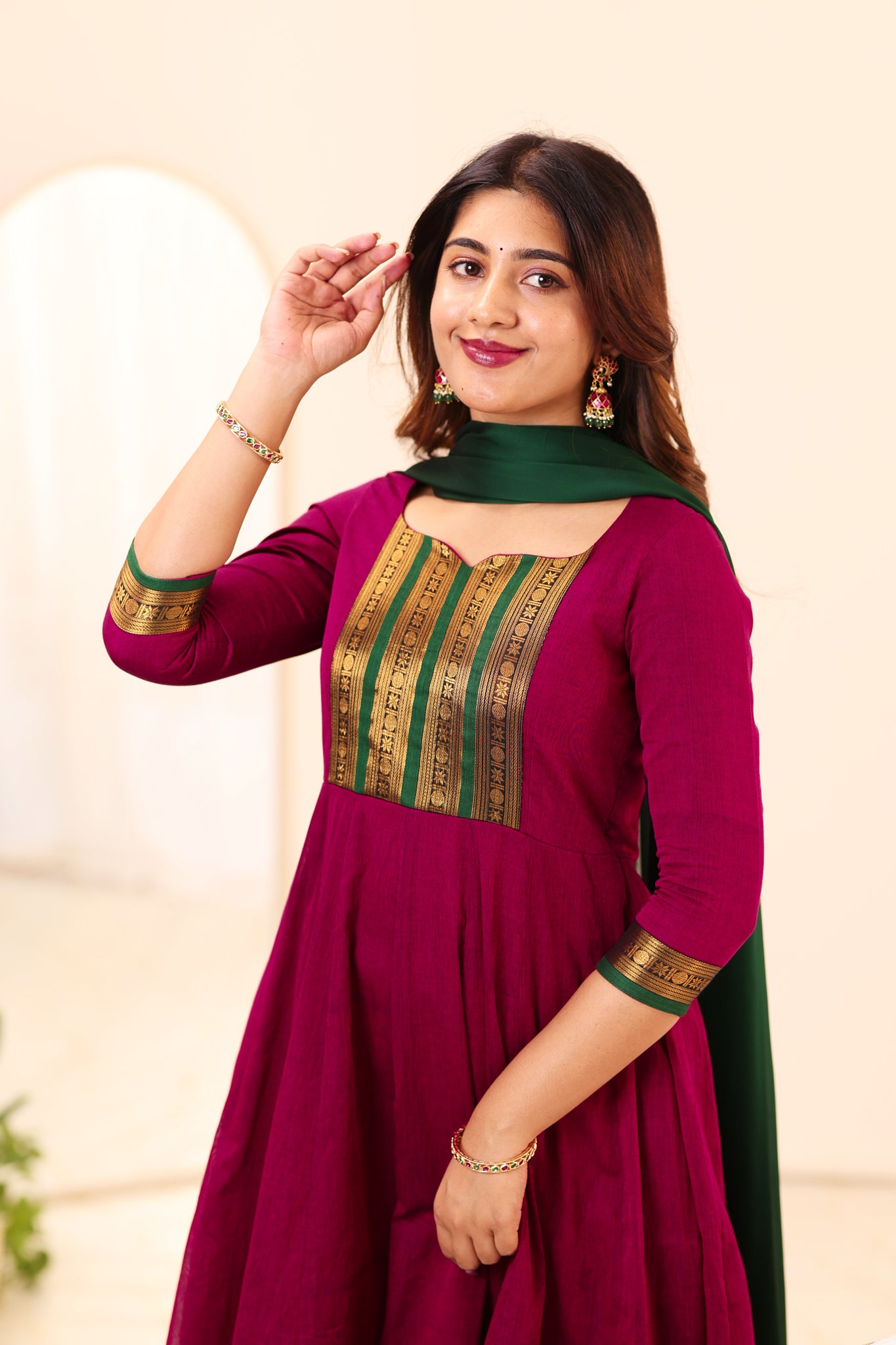 Magenta and Green Chettinad Cotton Anarkali Top and Dupatta