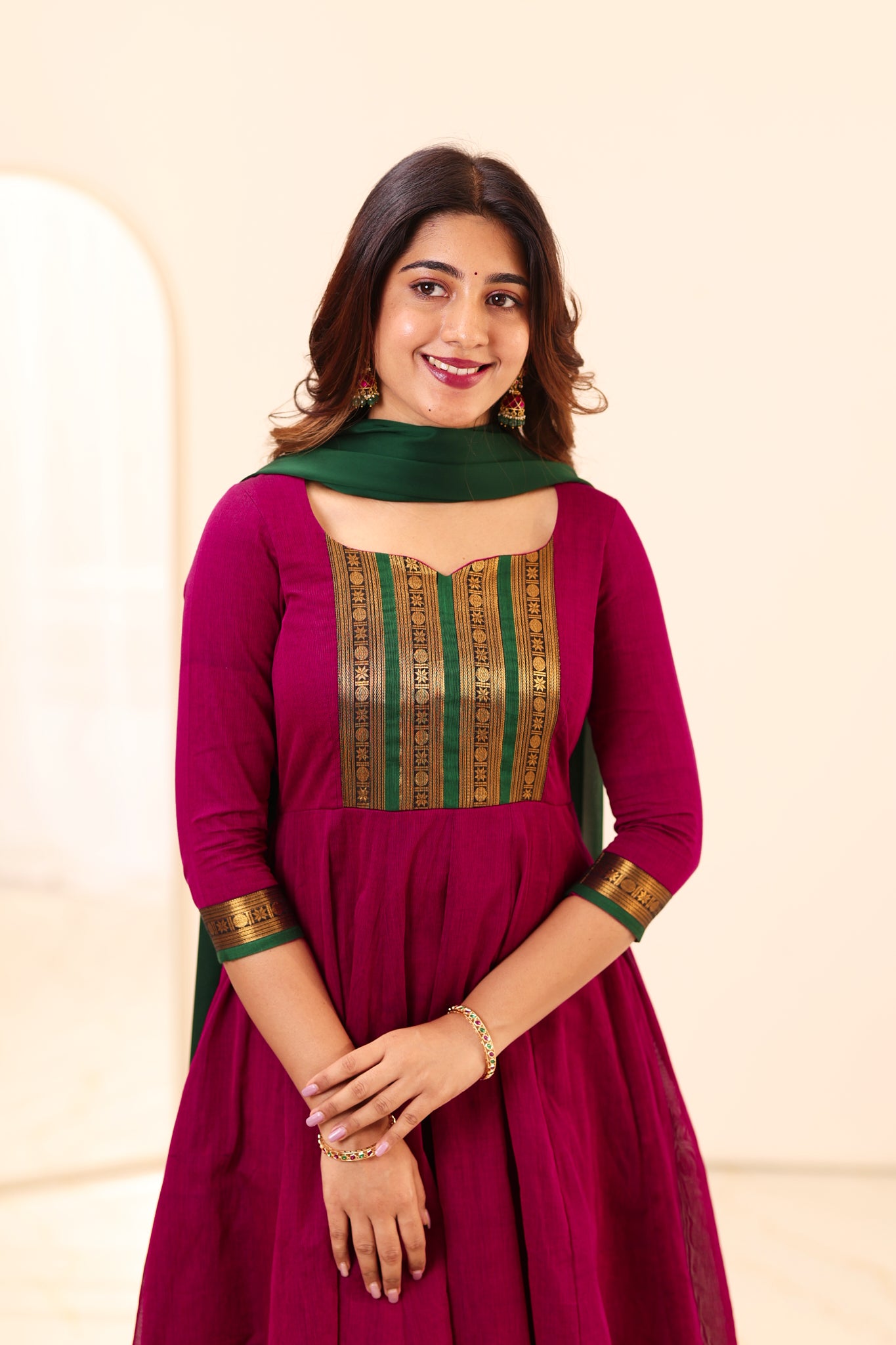 Magenta and Green Chettinad Cotton Anarkali Top and Dupatta