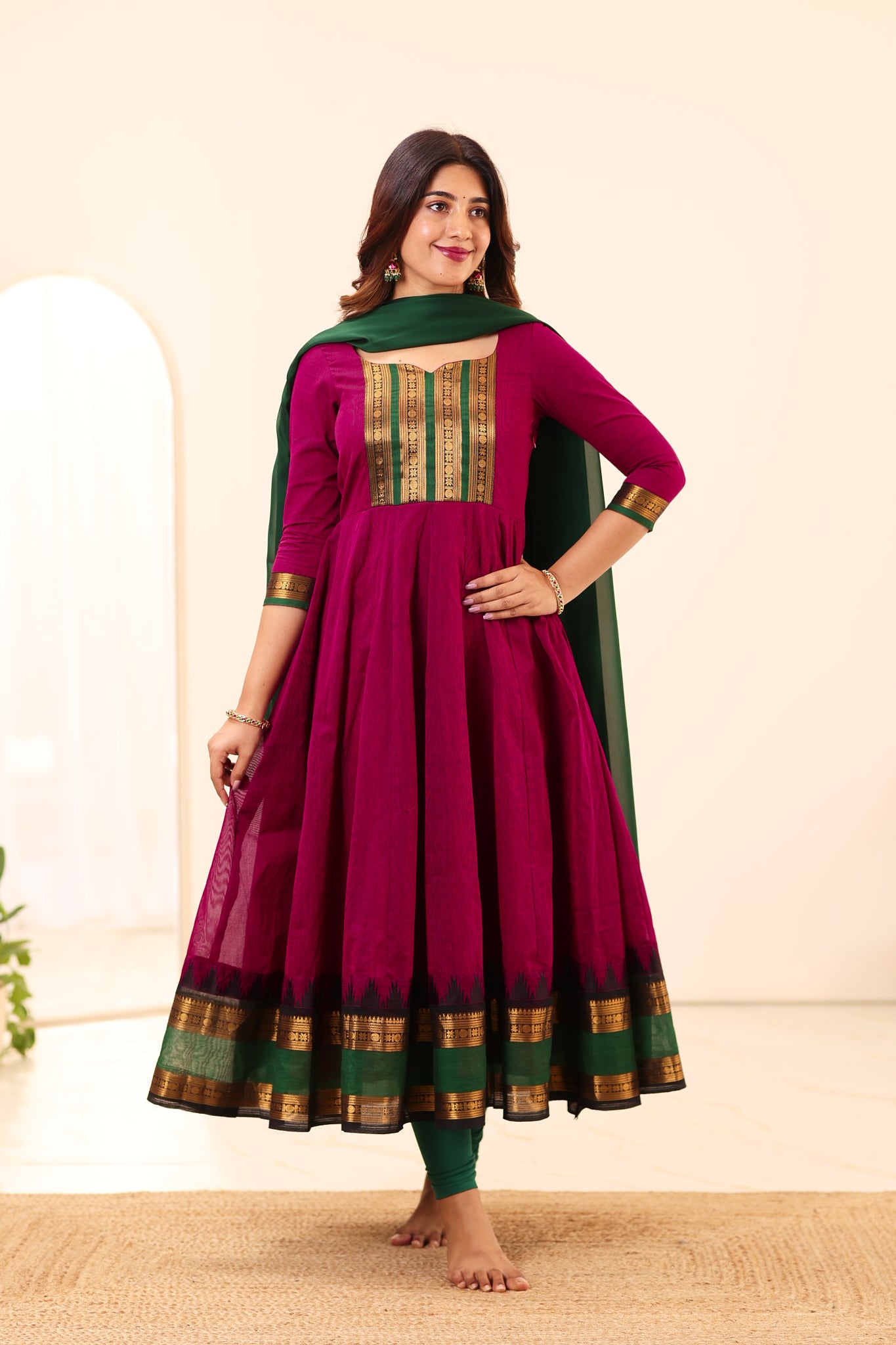 Magenta and Green Chettinad Cotton Anarkali Top and Dupatta