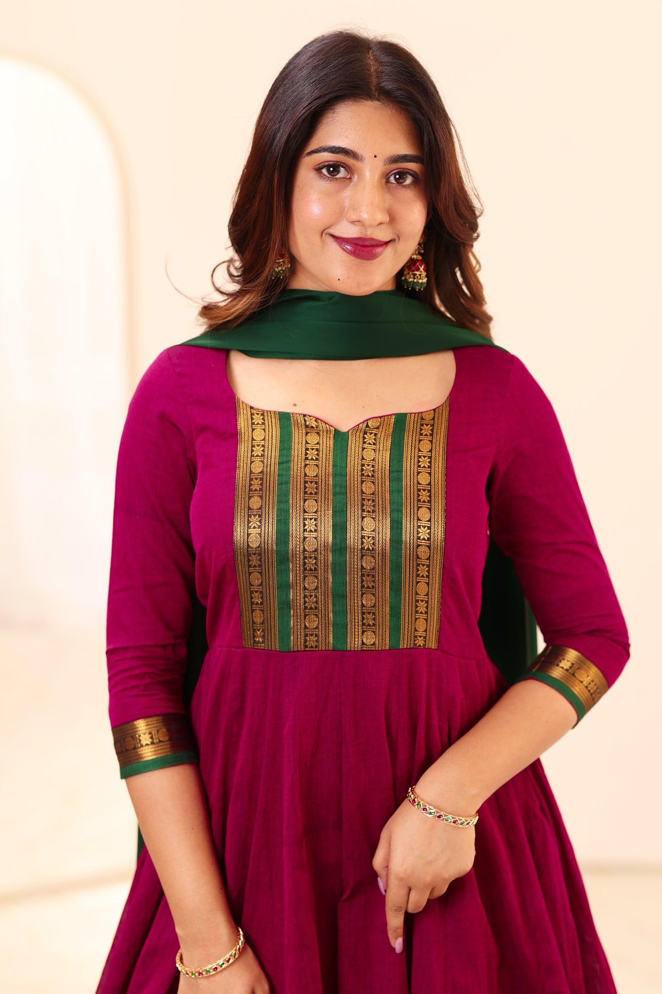 Magenta and Green Chettinad Cotton Anarkali Top and Dupatta