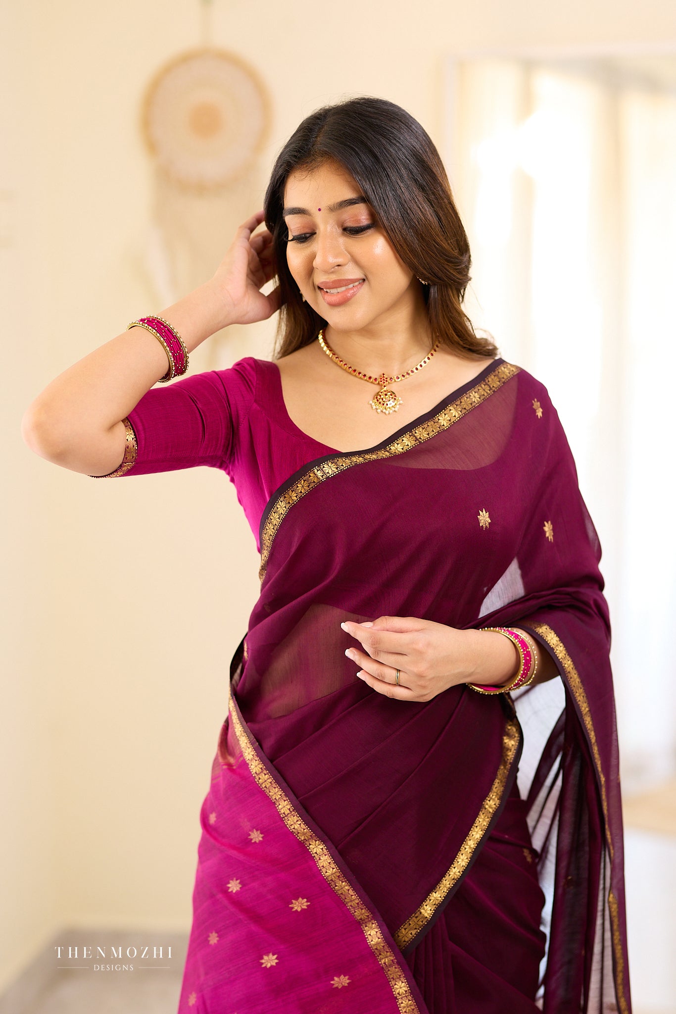 Deep Wine and Magenta Maheshwari Silk Cotton Saree
