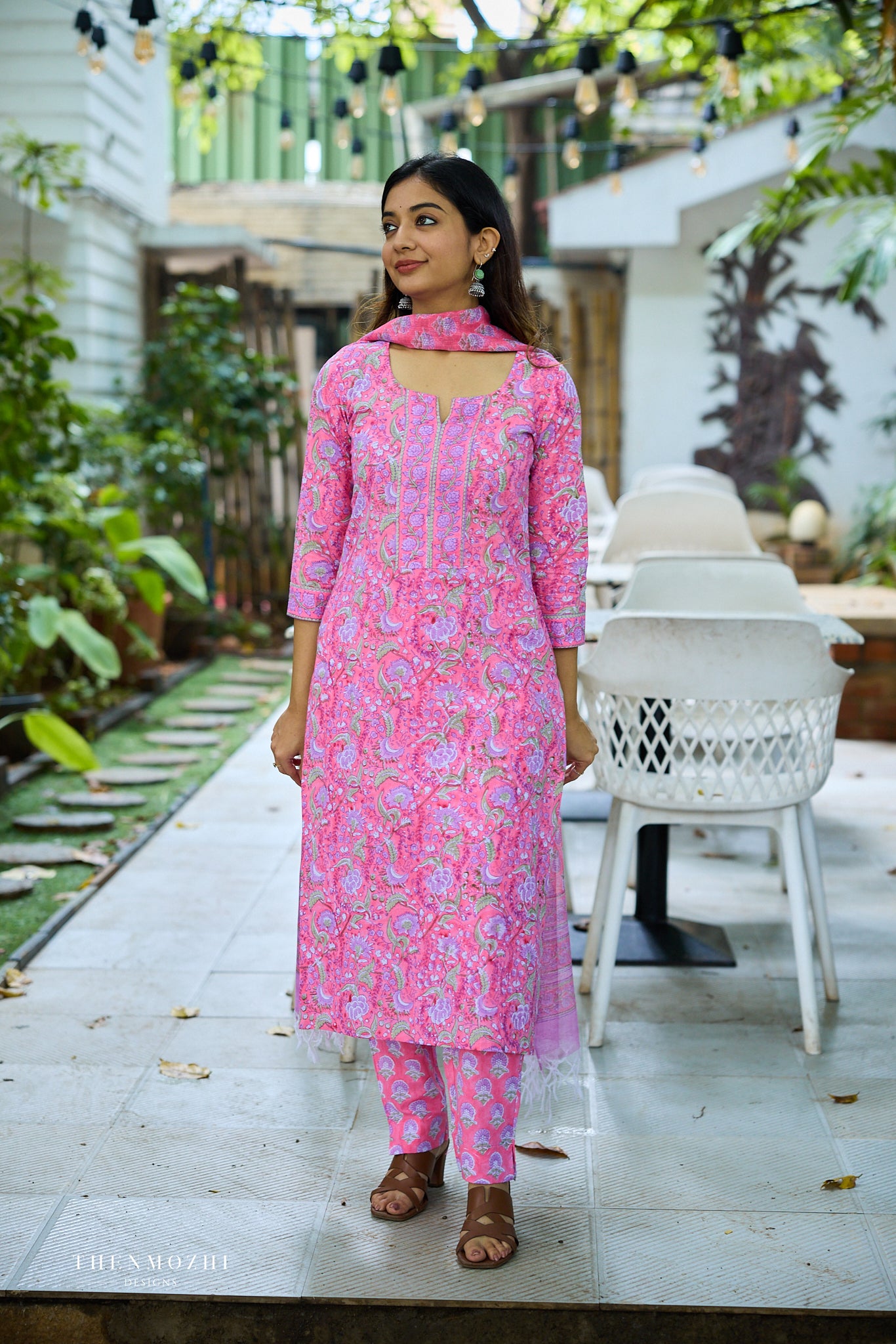 Light Deep Pink Floral Block Printed Cotton Suit Set with Kota Dupatta