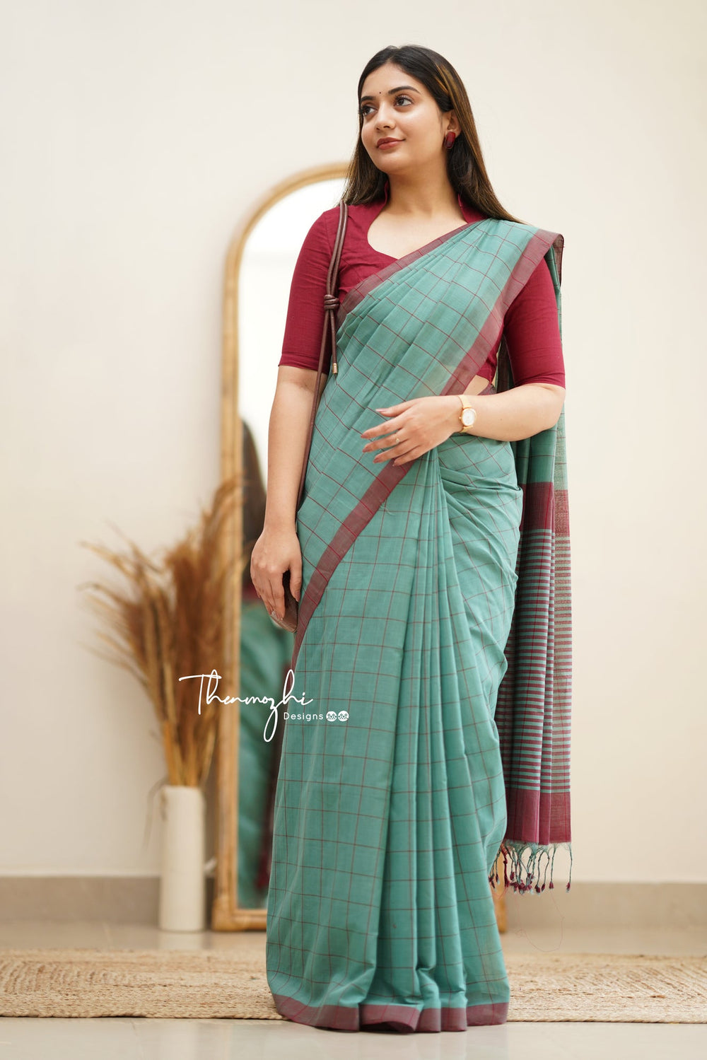 Teal Green Chequered Saree with Magenta Double Border & Trim