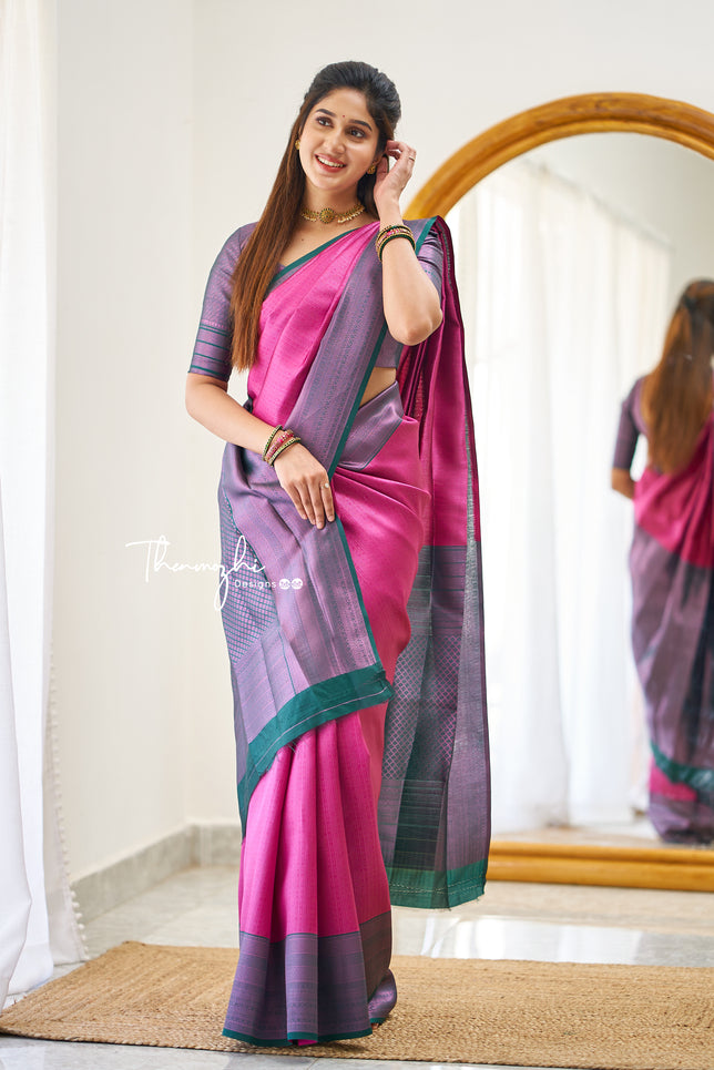 Best Indian Soft Silk Saree | Graceful Pink and Green Border Pure Soft Silk  Saree – Glamatyou Fashion