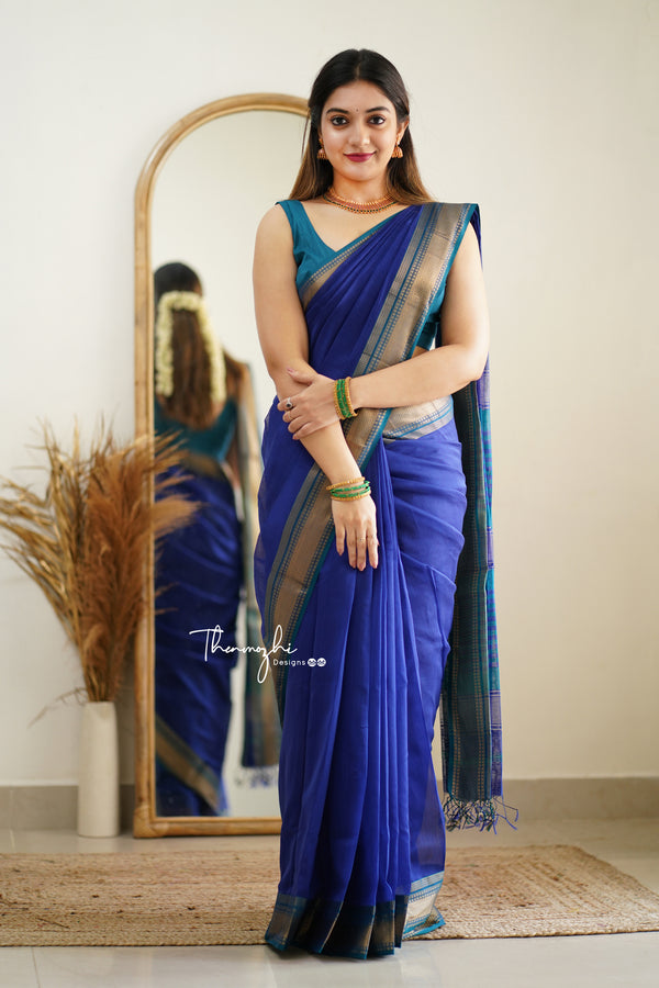 Diva Blue - Maheshwari Silk Cotton Handloom Saree | Thenmozhi Designs