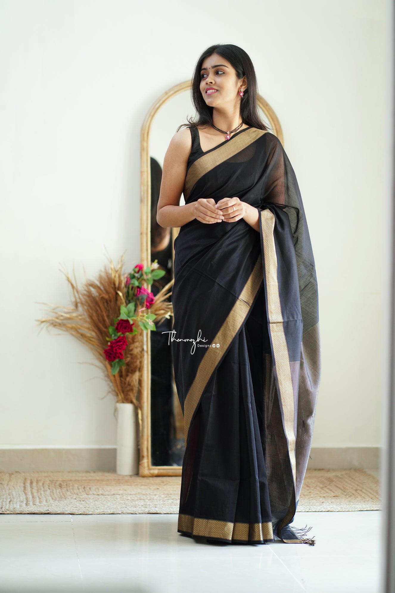 Black Maheshwari Silk Handloom Cotton Saree