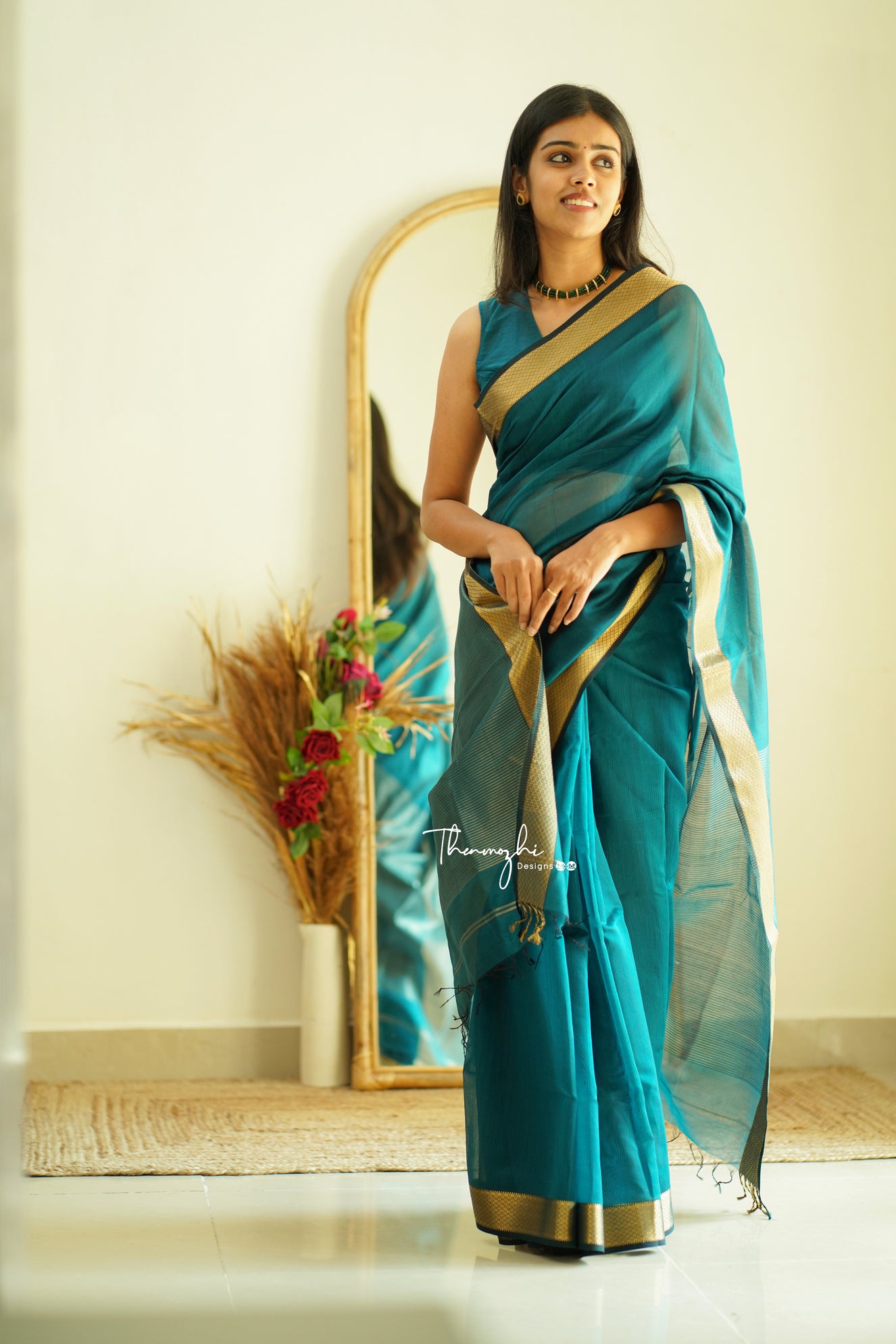 Peacock Green Maheshwari Silk Cotton Saree