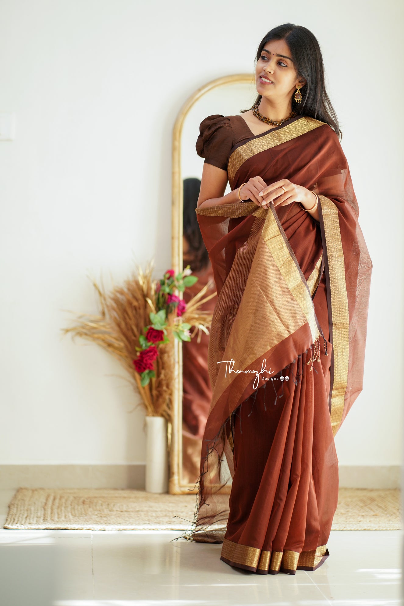 Brown Maheshwari Silk Handloom Cotton Saree