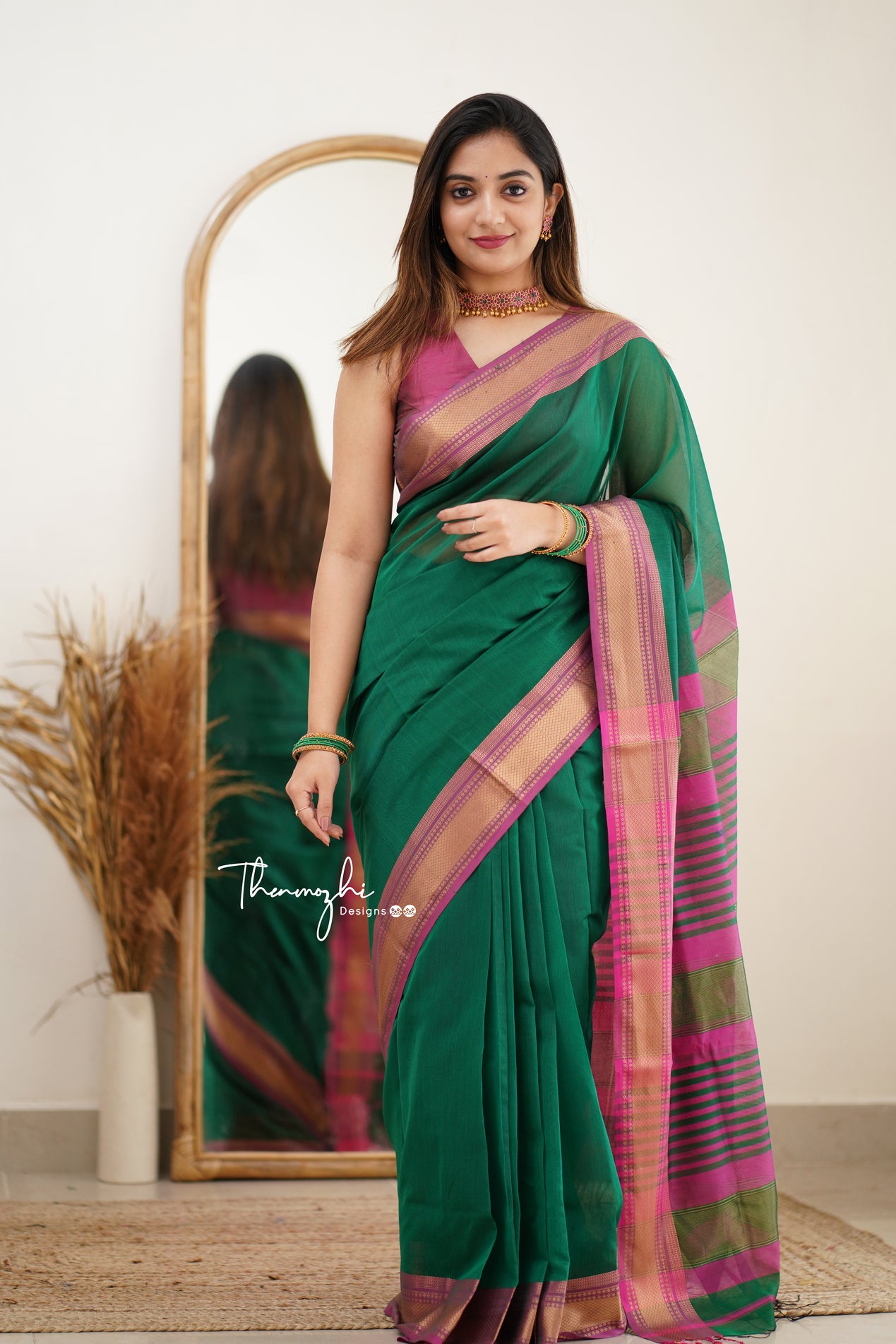Diva (Green) Maheshwari Silk Handloom Cotton Saree