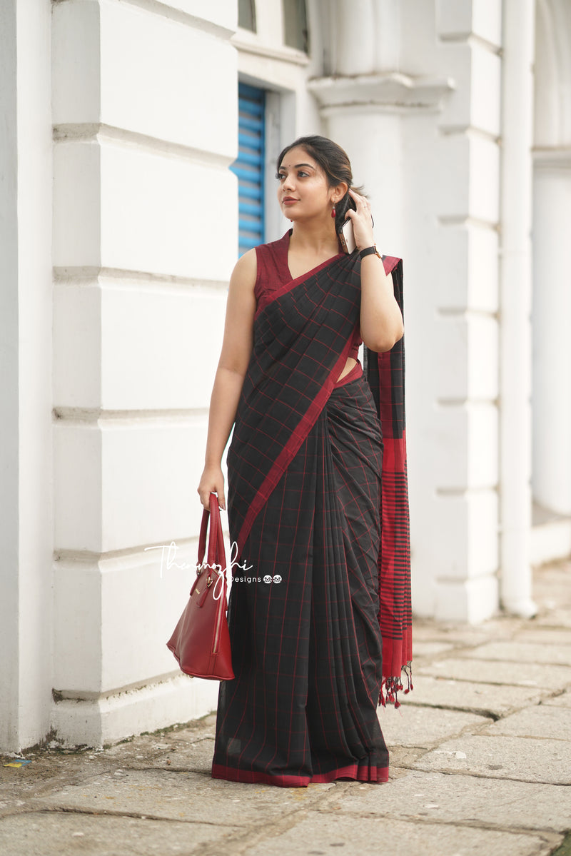 Mangalagiri Chanderi Silk Saree with Black and grey Checkered pattern and Zari Pallu