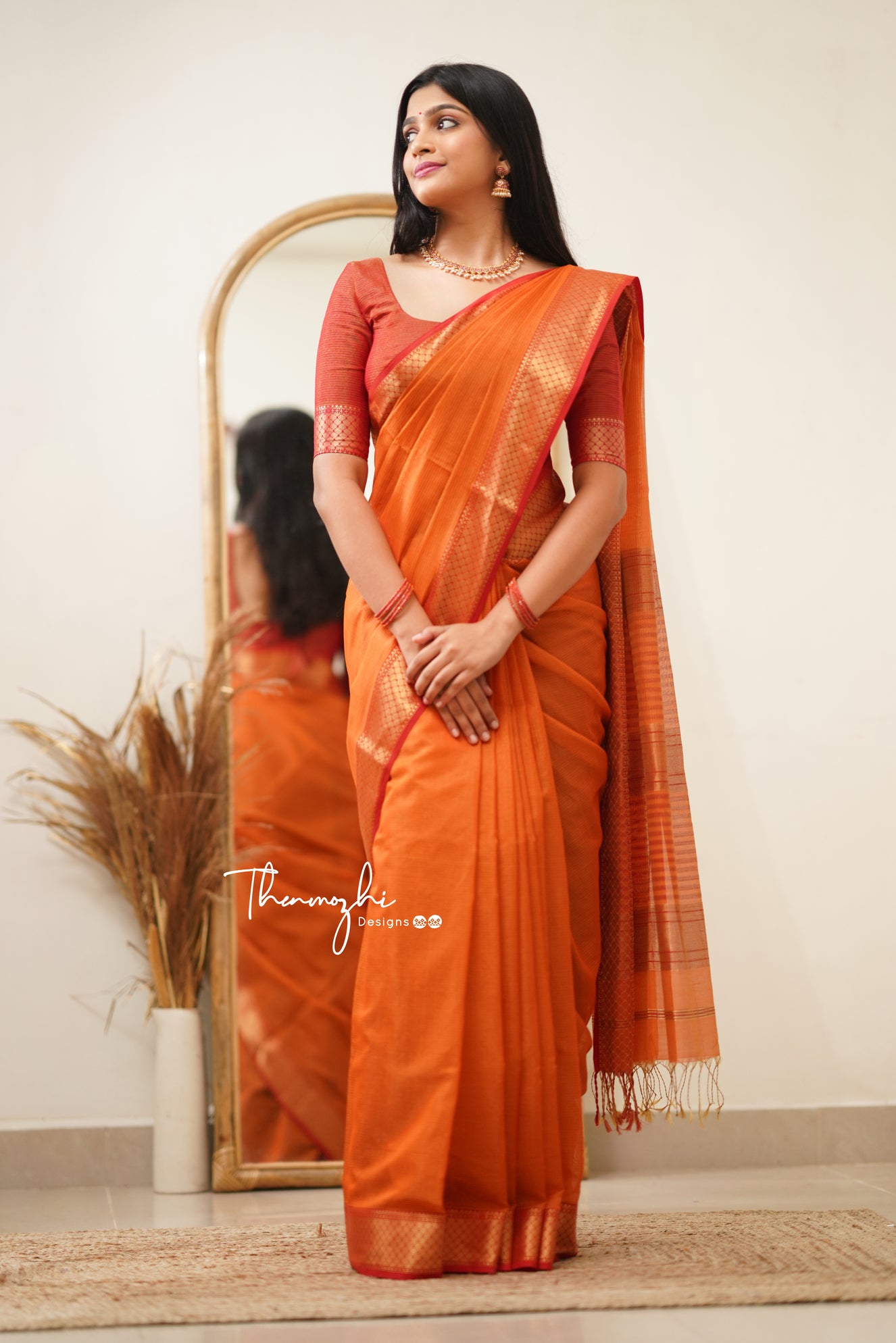 Orange Maheshwari Tissue Silk Handloom Cotton Saree