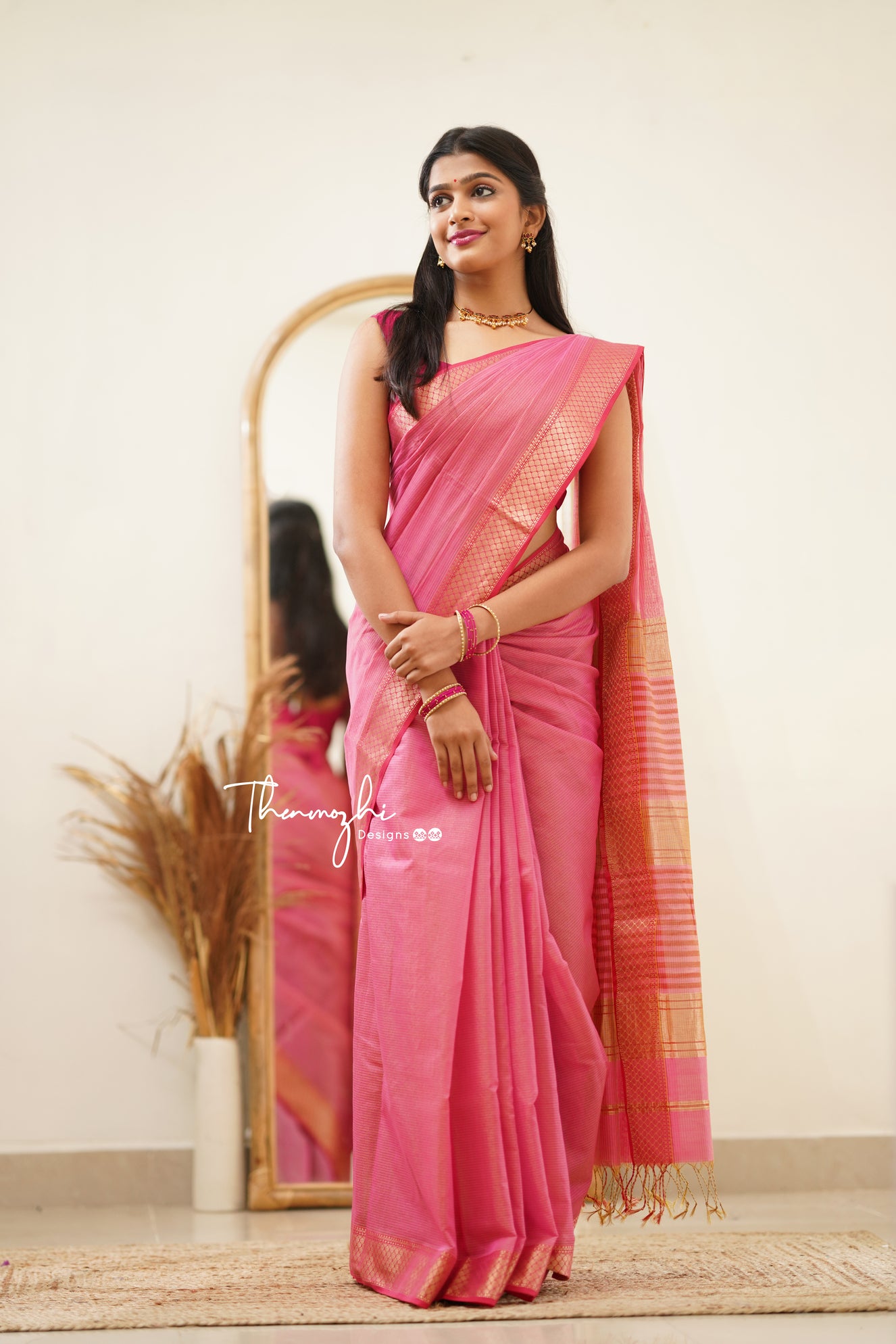 Pink Maheshwari Tissue Silk Handloom Cotton Saree