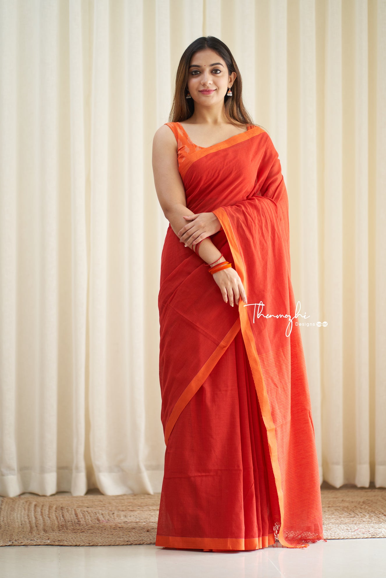 Red and Orange Soft Cotton Handloom Saree